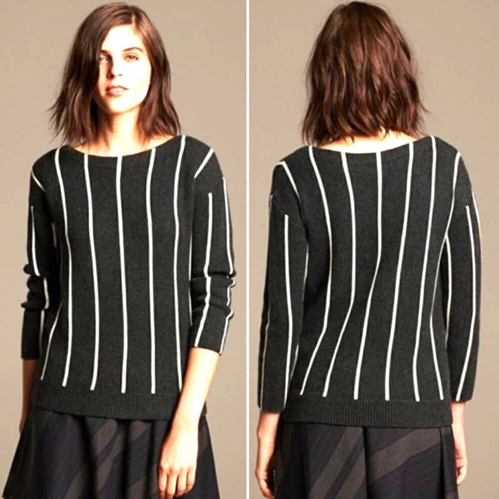 Banana Republic Merino Wool Blend Stripe Sweater Black Cream Long Sleeve Women S